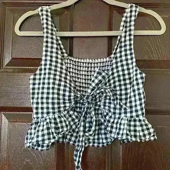 American Eagle Smock Gingham Bow Front Tie Navy blue nautical checkered Top - S - Picture 1 of 10